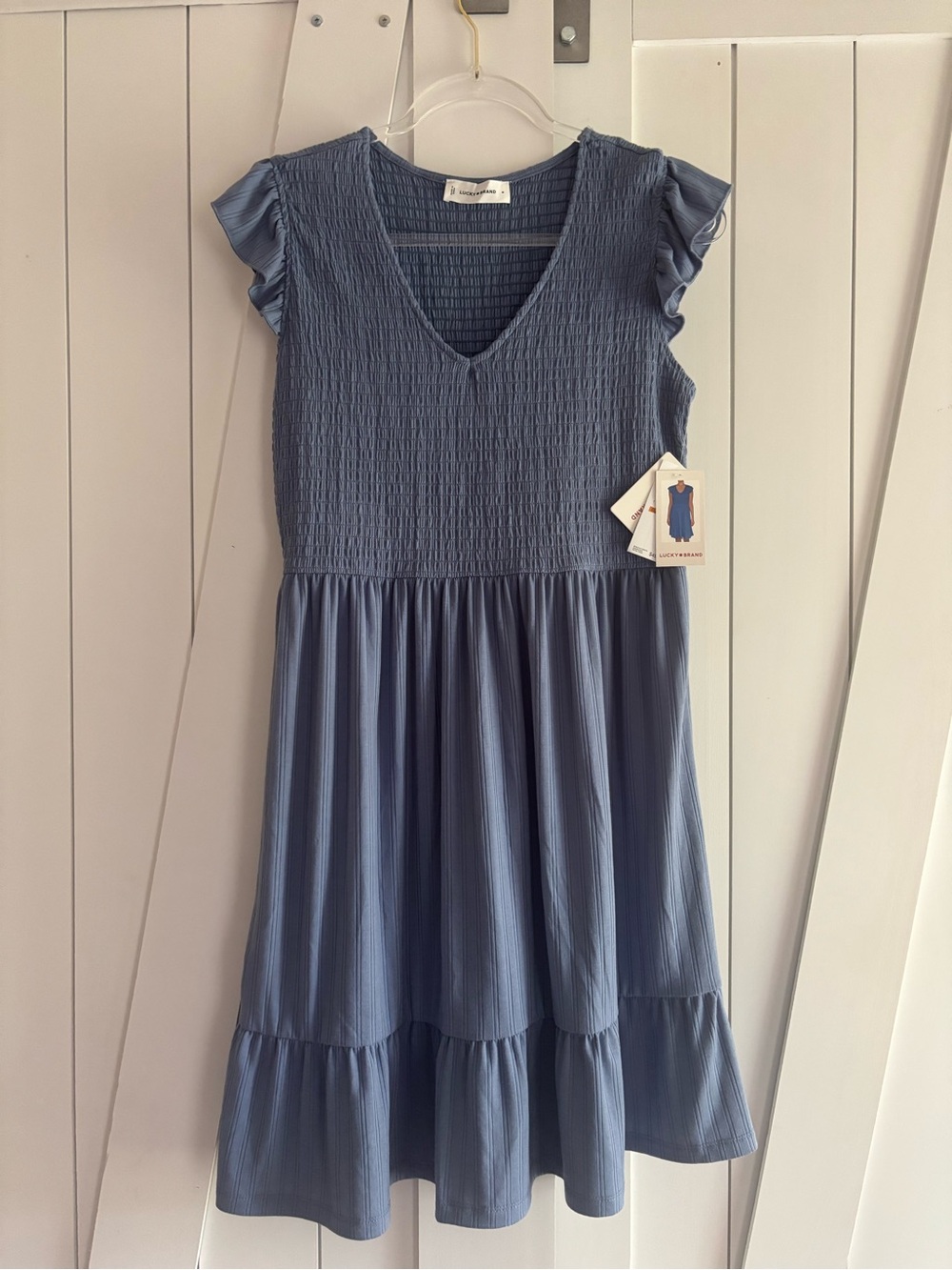 NWT Lucky Brand Blue Smocked V-Neck Ruffle Sleeve Dress